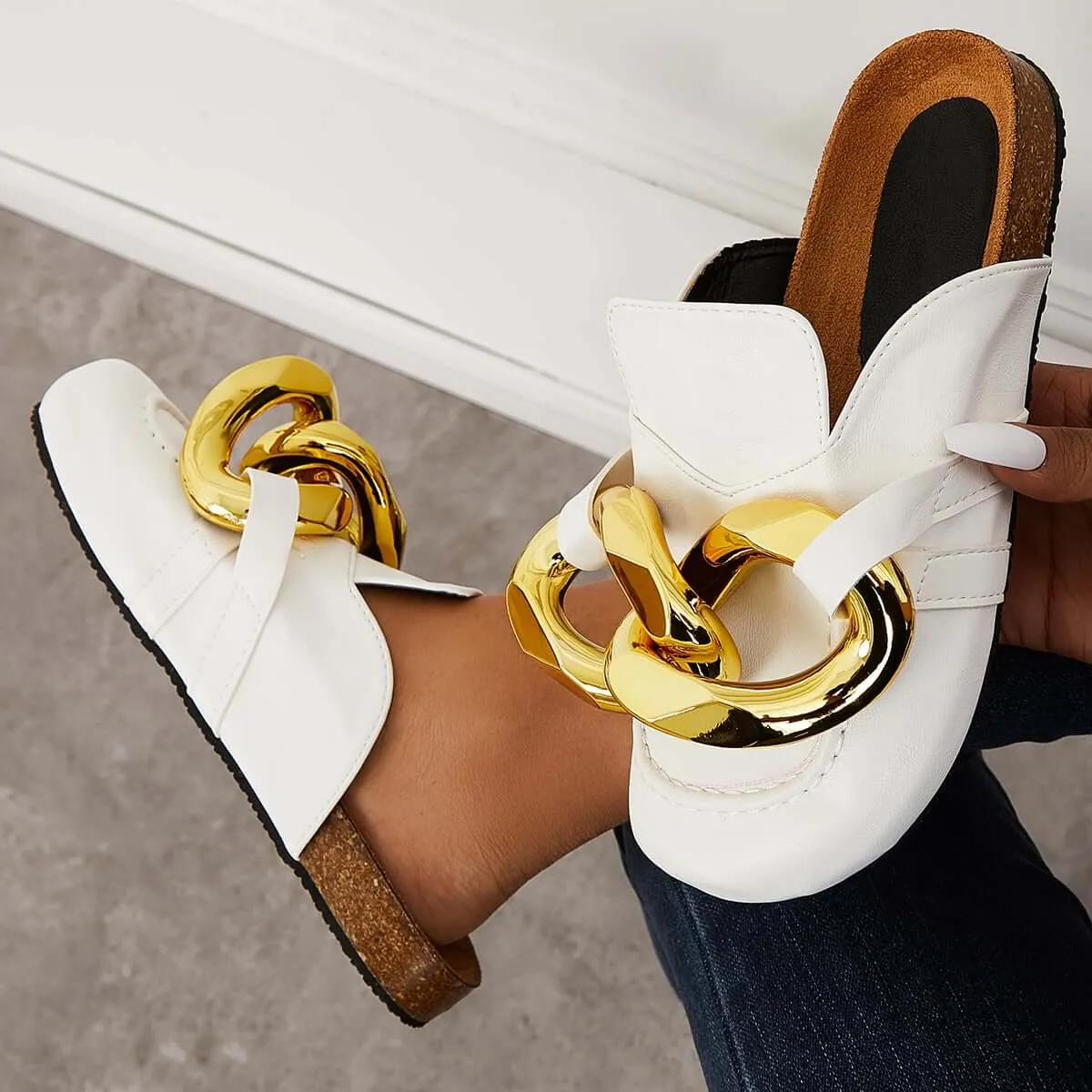 Black And Gold Slide Sandals Kimemoda Flat Slip-on Backless Mule Slide Metal Chain Slippers