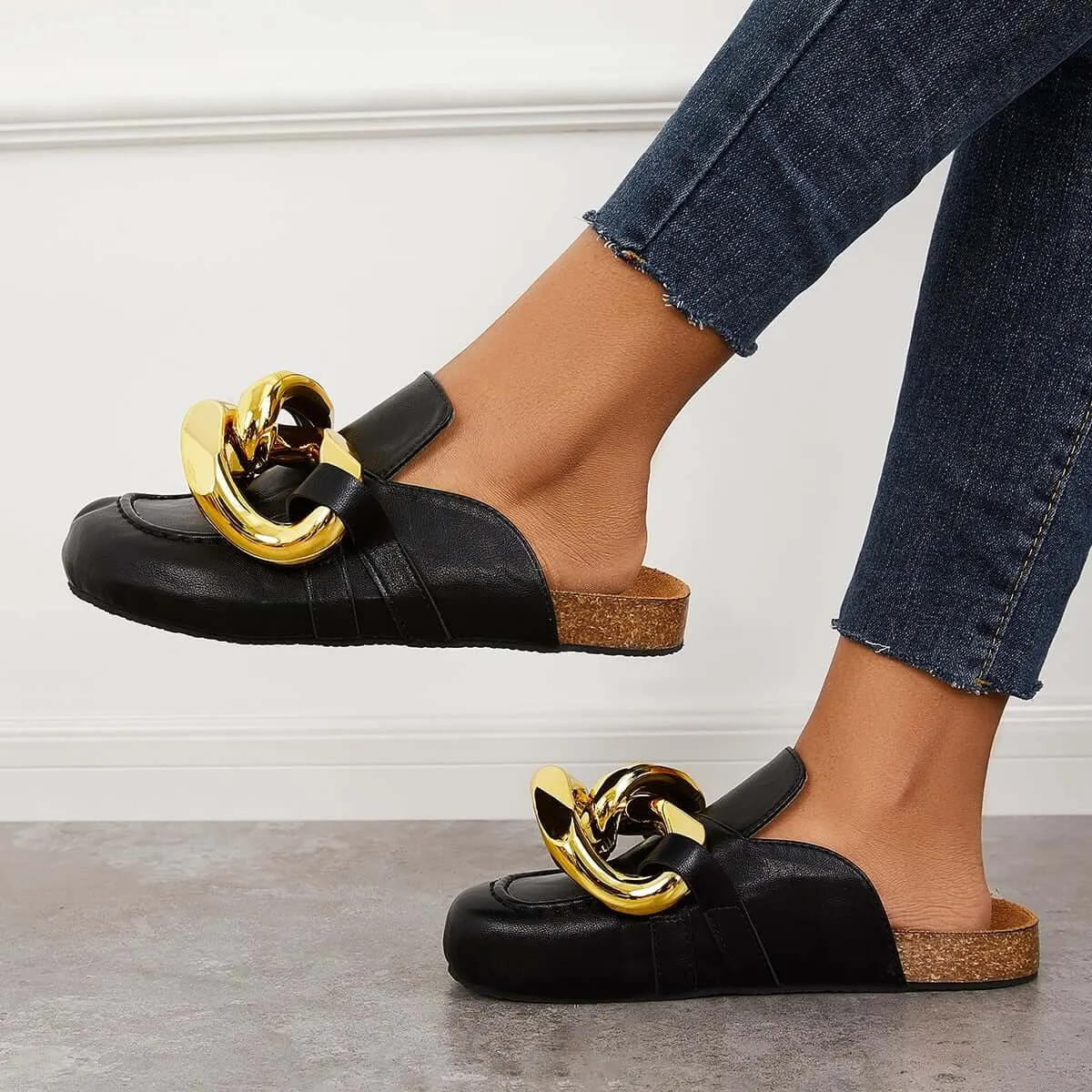 Kimemoda Flat Slip-on Backless Mule Slide Metal Chain Slippers Zena Slippers