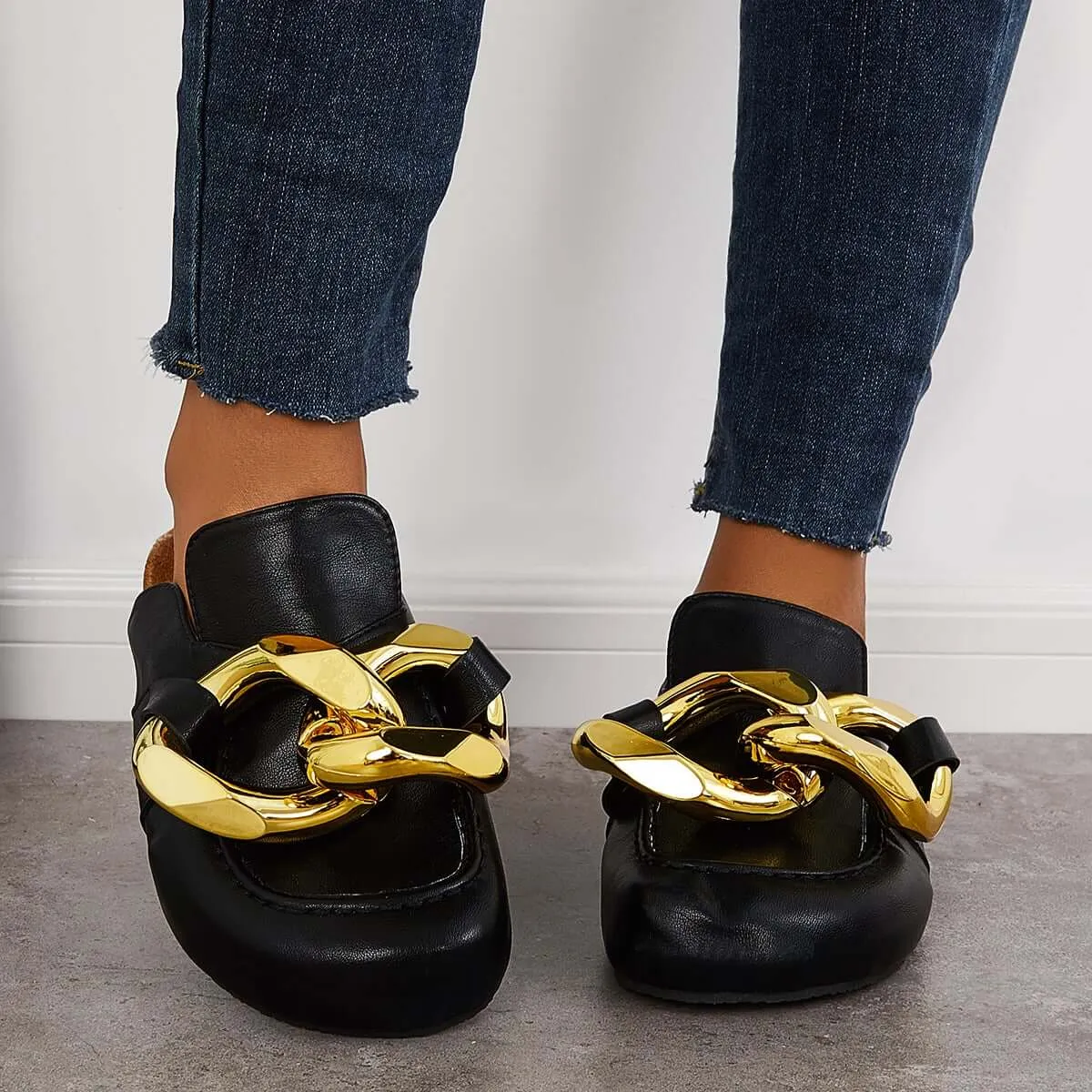 Kimemoda Flat Slip-on Backless Mule Slide Metal Chain Slippers Moon Boot Slippers