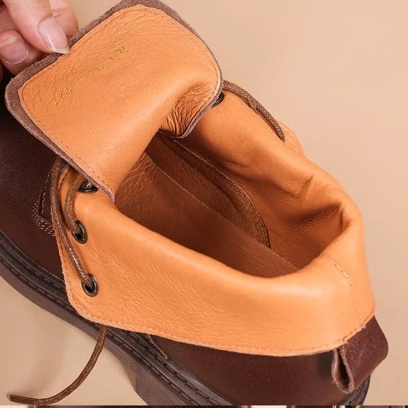 Leather Oxfords With Jeans Retro Martin Boots Brush-Off Leather Round Toe Low Heel Bottine Flat Ankle Boots Black/Coffee