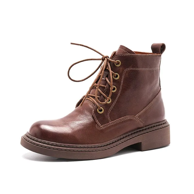 Retro Martin Boots Brush-Off Leather Round Toe Low Heel Bottine Flat Ankle Boots Black/Coffee Hybrid Oxfords