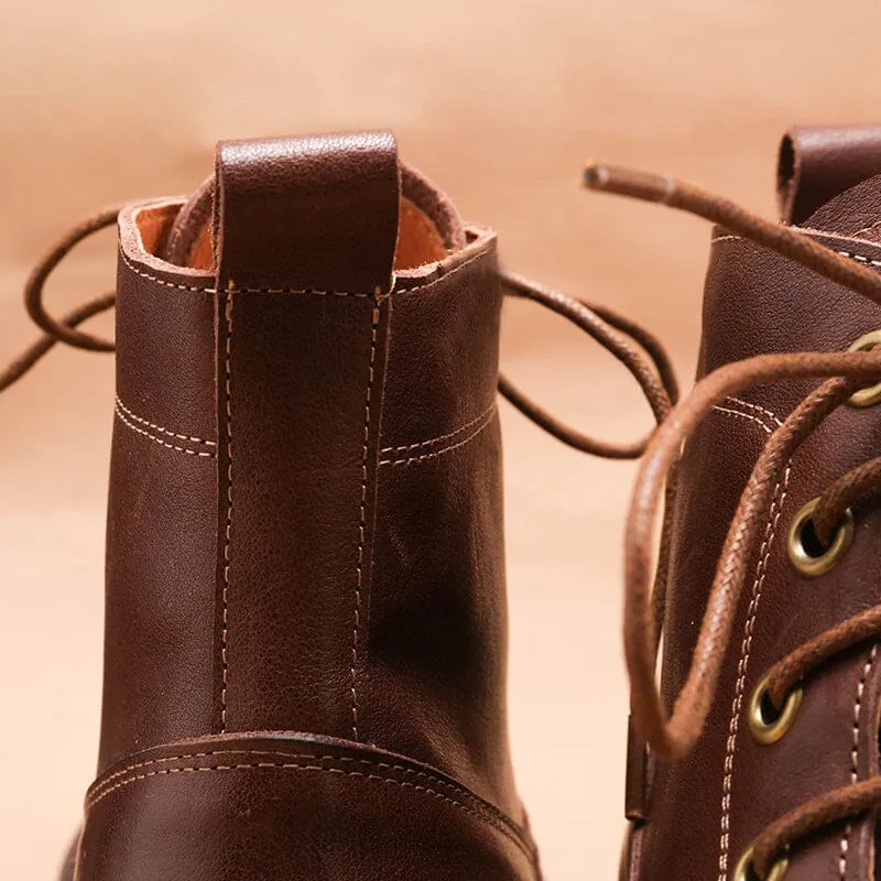 Thick Sole Oxfords Retro Martin Boots Brush-Off Leather Round Toe Low Heel Bottine Flat Ankle Boots Black/Coffee