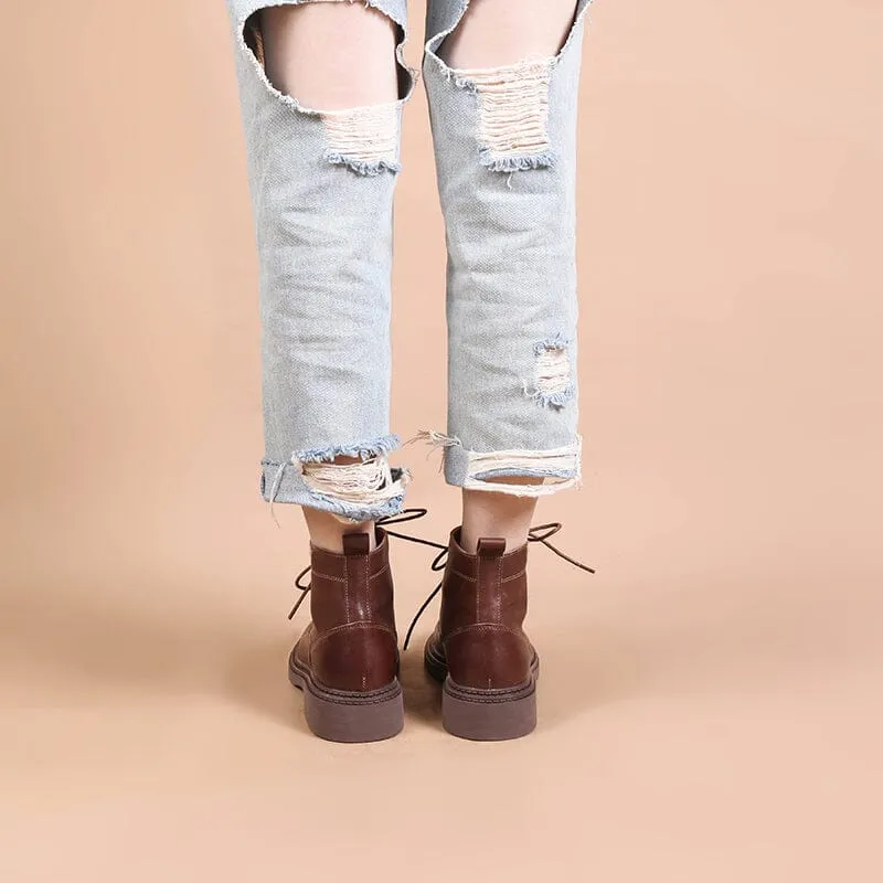 Roseto Cap Toe Oxfords Retro Martin Boots Brush-Off Leather Round Toe Low Heel Bottine Flat Ankle Boots Black/Coffee