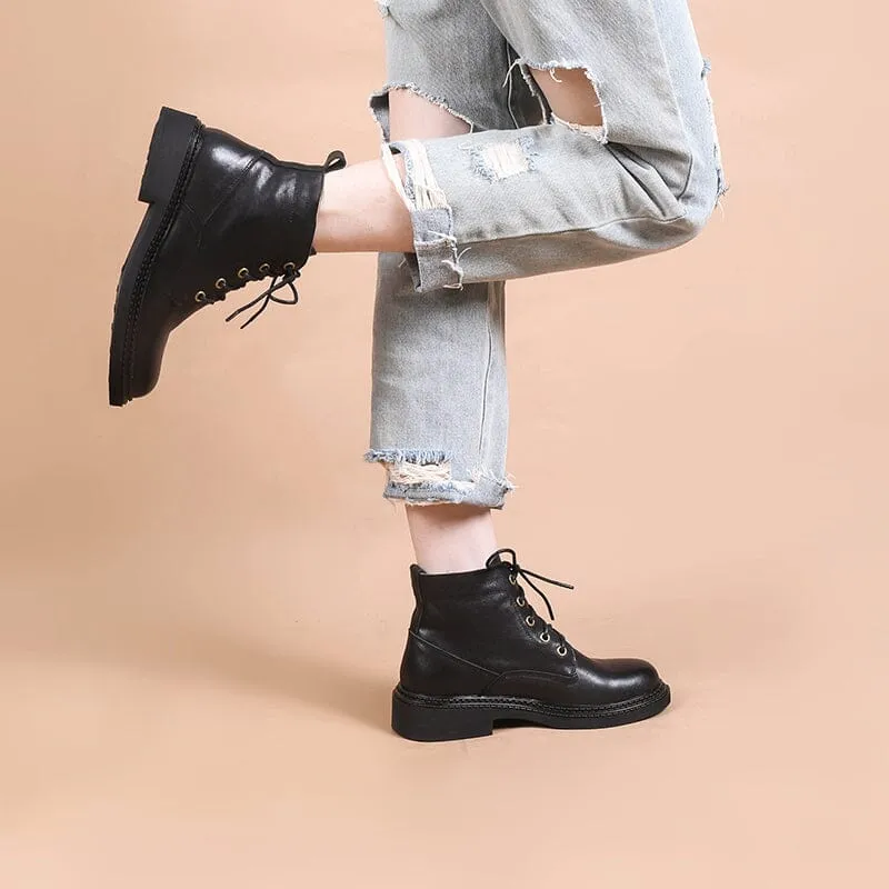 Retro Martin Boots Brush-Off Leather Round Toe Low Heel Bottine Flat Ankle Boots Black/Coffee Striped Oxford Shirt