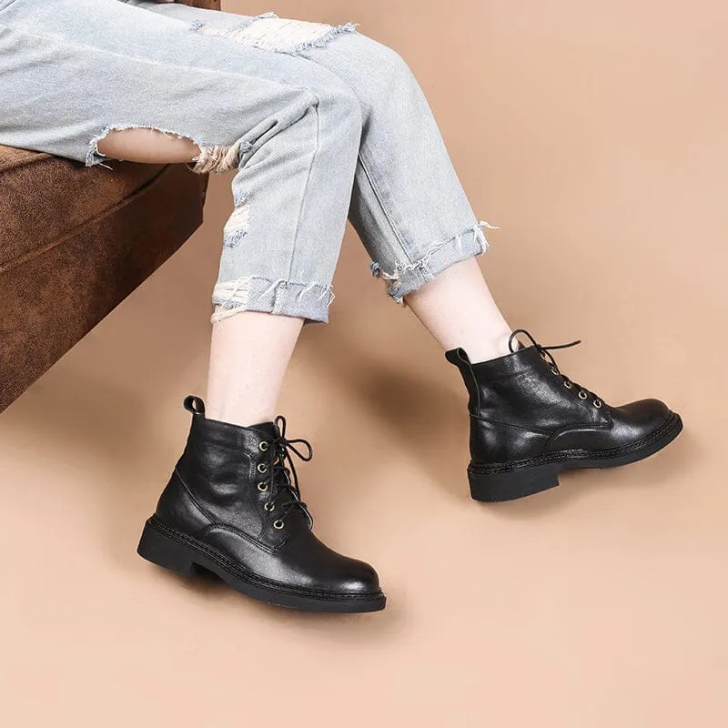 Retro Martin Boots Brush-Off Leather Round Toe Low Heel Bottine Flat Ankle Boots Black/Coffee Anne's Oxford