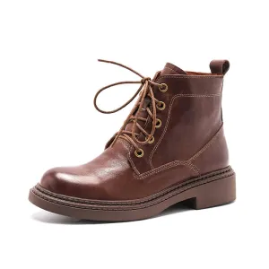 Silver Oxford Shoes Retro Martin Boots Brush-Off Leather Round Toe Low Heel Bottine Flat Ankle Boots Black/Coffee