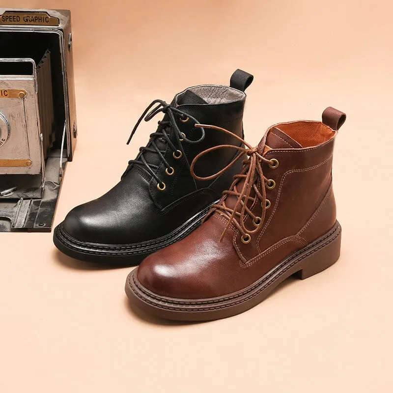 Limmer Oxfords Retro Martin Boots Brush-Off Leather Round Toe Low Heel Bottine Flat Ankle Boots Black/Coffee