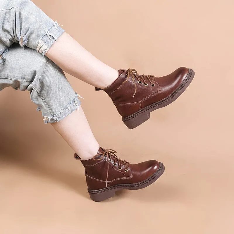 Retro Martin Boots Brush-Off Leather Round Toe Low Heel Bottine Flat Ankle Boots Black/Coffee Oxfords Not