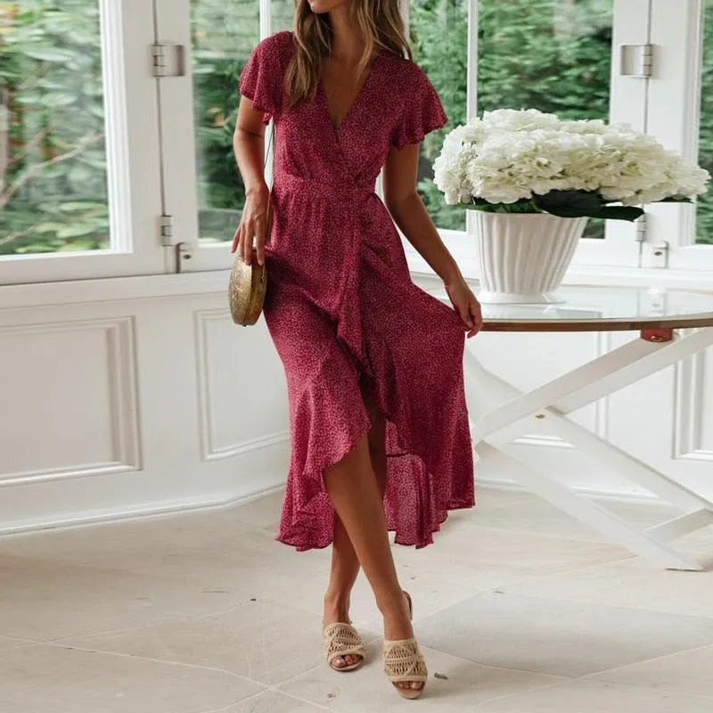 Puerto Rico Flip Flops Bohemian Floral Print Ruffles Short Sleeve Maxi Dress