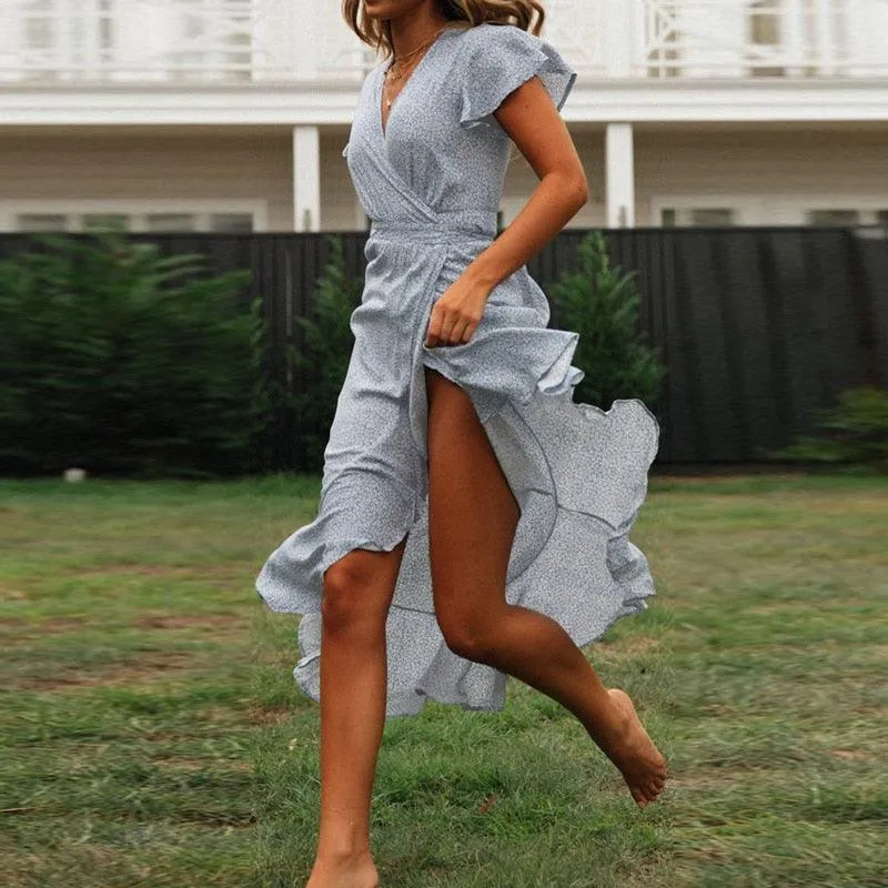 Cheerleader Flip Flops Bohemian Floral Print Ruffles Short Sleeve Maxi Dress