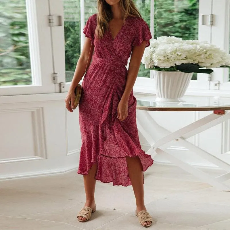 Holographic Flip Flops Bohemian Floral Print Ruffles Short Sleeve Maxi Dress