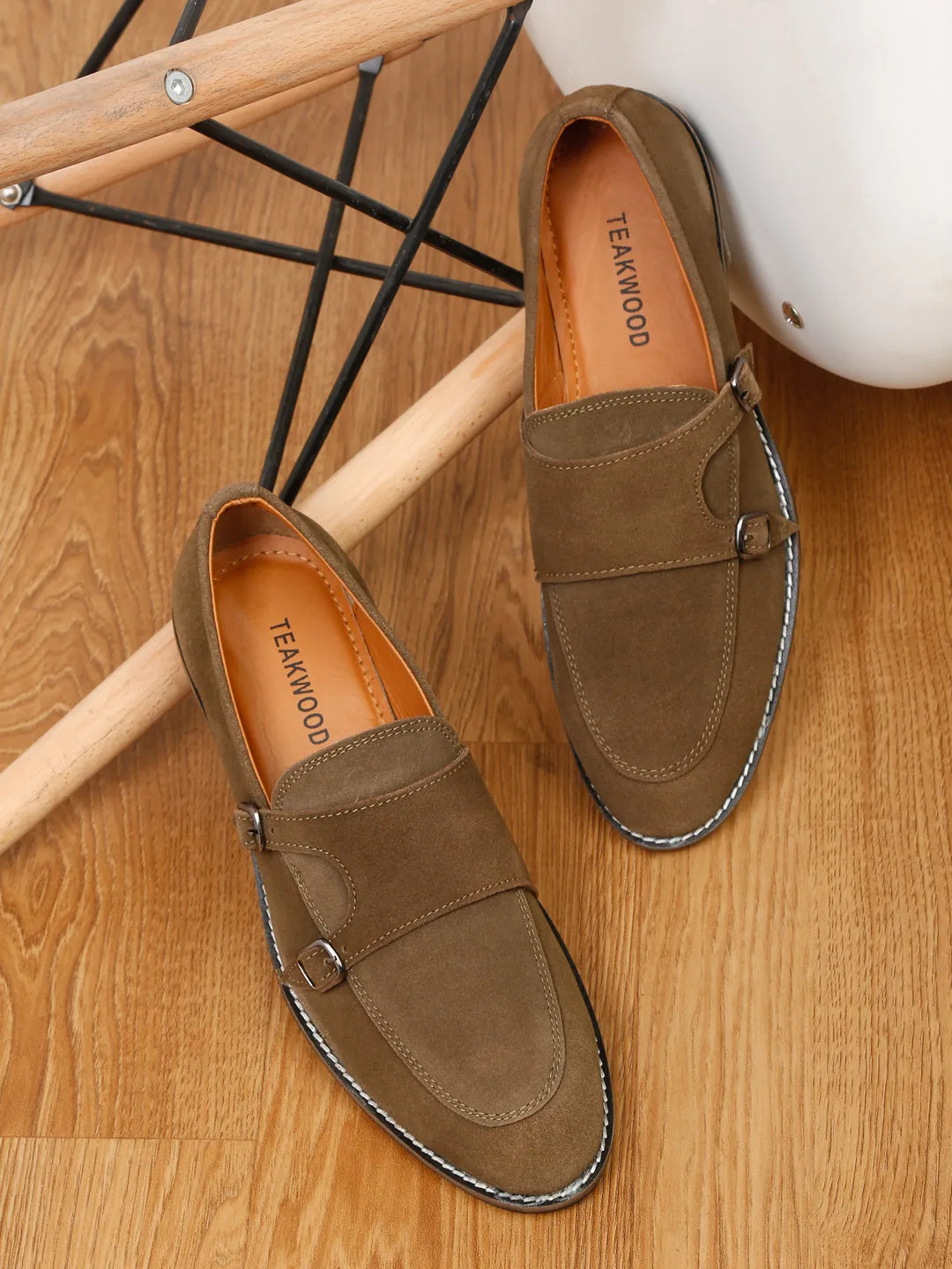 Ladies Platform Loafers Teakwood Leather Men Solid Olive Round-Toe Monks- Clearance sale