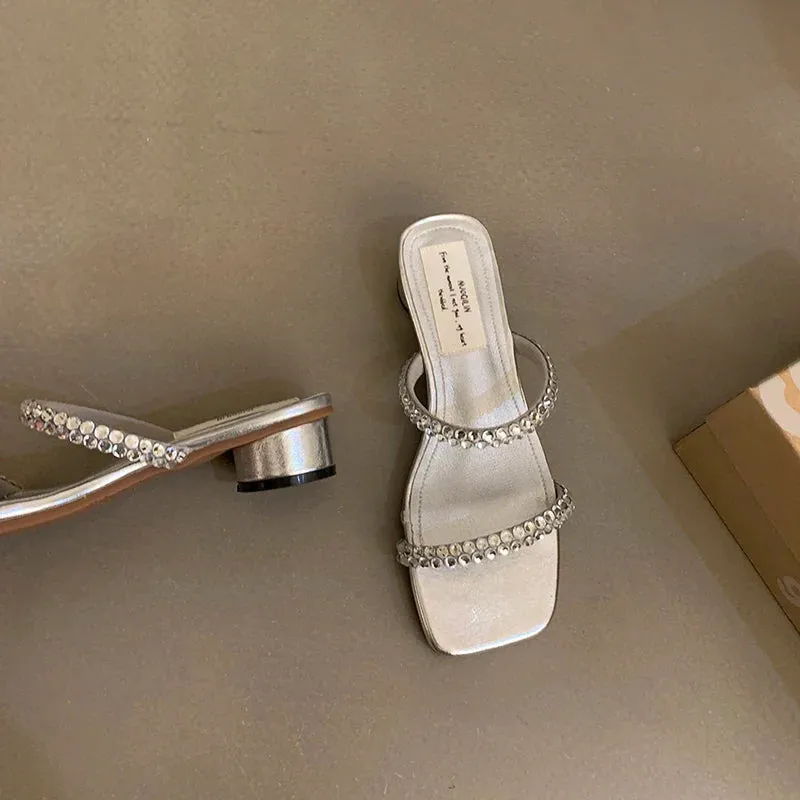 binfenxie Designer Open Toe Women Slippers Fashion Crystal Narrow Band Slides Ladies Elegant Dress Low Heel Sandalias Summer Shoes Slippers Look Like Sneakers