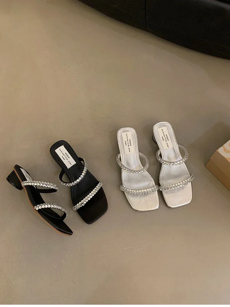 binfenxie Designer Open Toe Women Slippers Fashion Crystal Narrow Band Slides Ladies Elegant Dress Low Heel Sandalias Summer Shoes Matisse Slippers