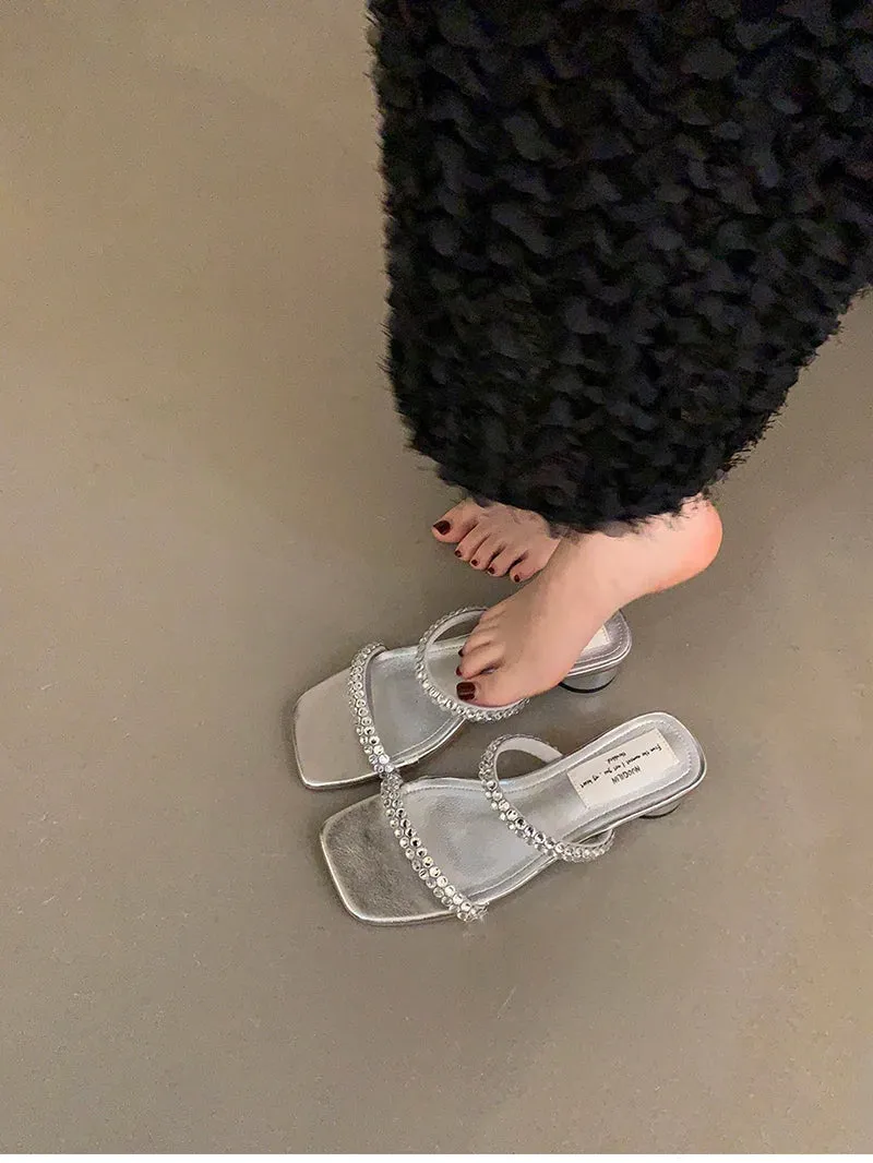 binfenxie Designer Open Toe Women Slippers Fashion Crystal Narrow Band Slides Ladies Elegant Dress Low Heel Sandalias Summer Shoes Infant Slippers