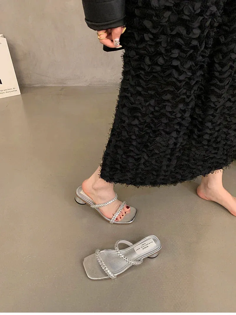 binfenxie Designer Open Toe Women Slippers Fashion Crystal Narrow Band Slides Ladies Elegant Dress Low Heel Sandalias Summer Shoes Slippers With Grips