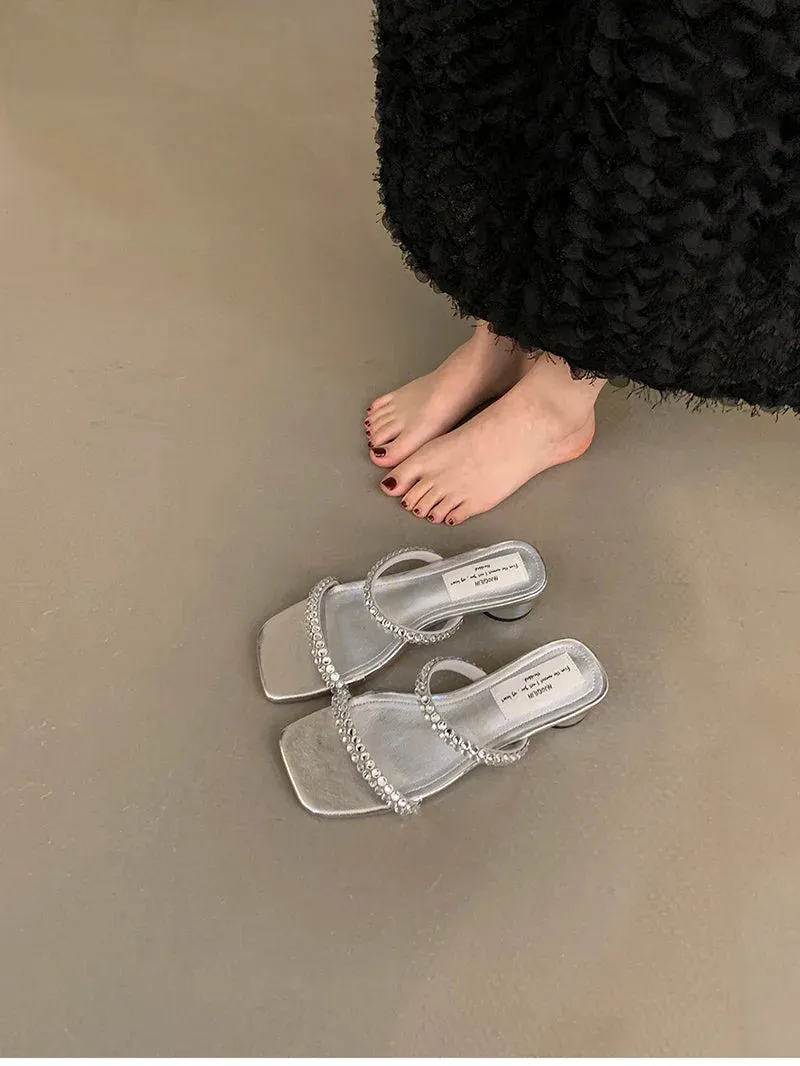 Lady's Slippers binfenxie Designer Open Toe Women Slippers Fashion Crystal Narrow Band Slides Ladies Elegant Dress Low Heel Sandalias Summer Shoes
