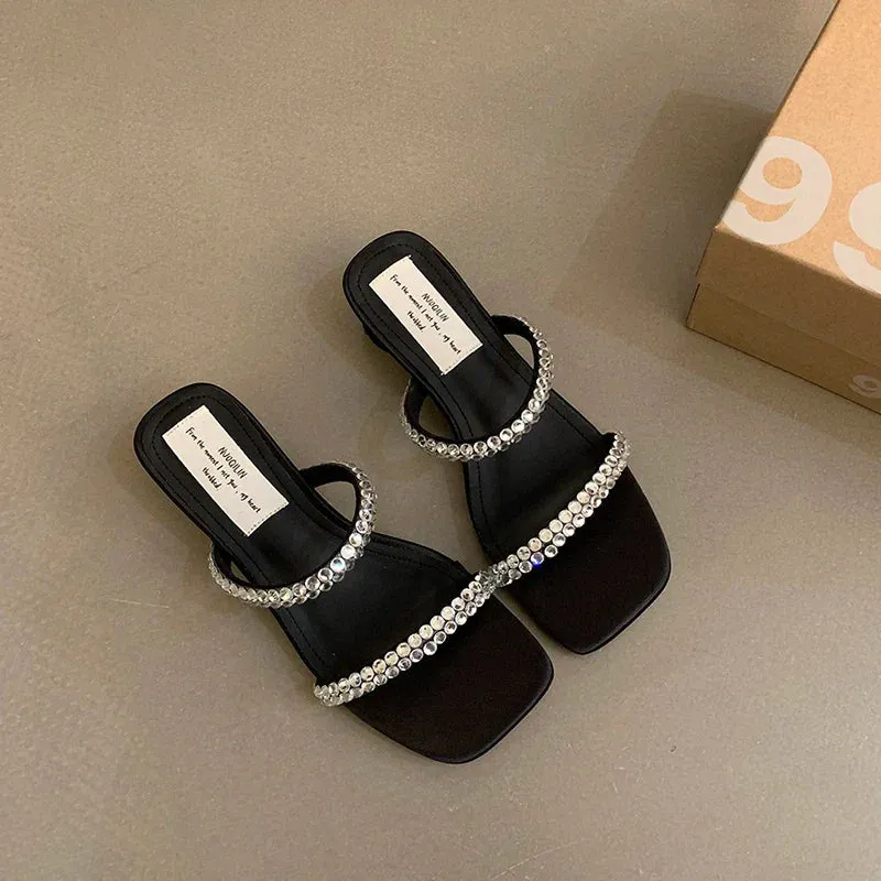binfenxie Designer Open Toe Women Slippers Fashion Crystal Narrow Band Slides Ladies Elegant Dress Low Heel Sandalias Summer Shoes Best Slides Dupes
