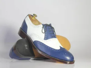 Priority Mail Rate Shoe Box Handmade Men Blue White Wing Tip Brogue Shoes, Men Leather Lace Up Dress Shoes