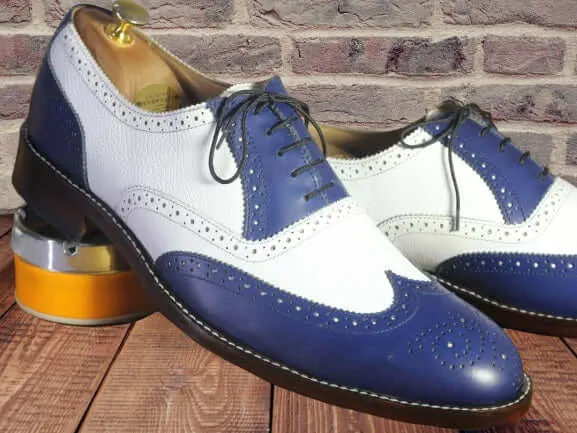 Handmade Men Blue White Wing Tip Brogue Shoes, Men Leather Lace Up Dress Shoes Steve Madden Shoes Flats