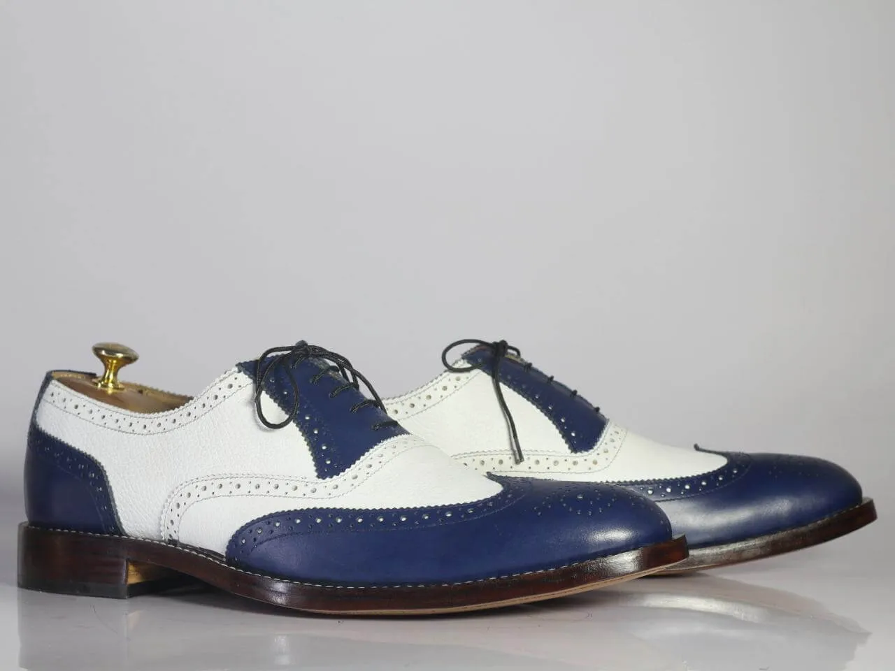 Handmade Men Blue White Wing Tip Brogue Shoes, Men Leather Lace Up Dress Shoes Women Shoes