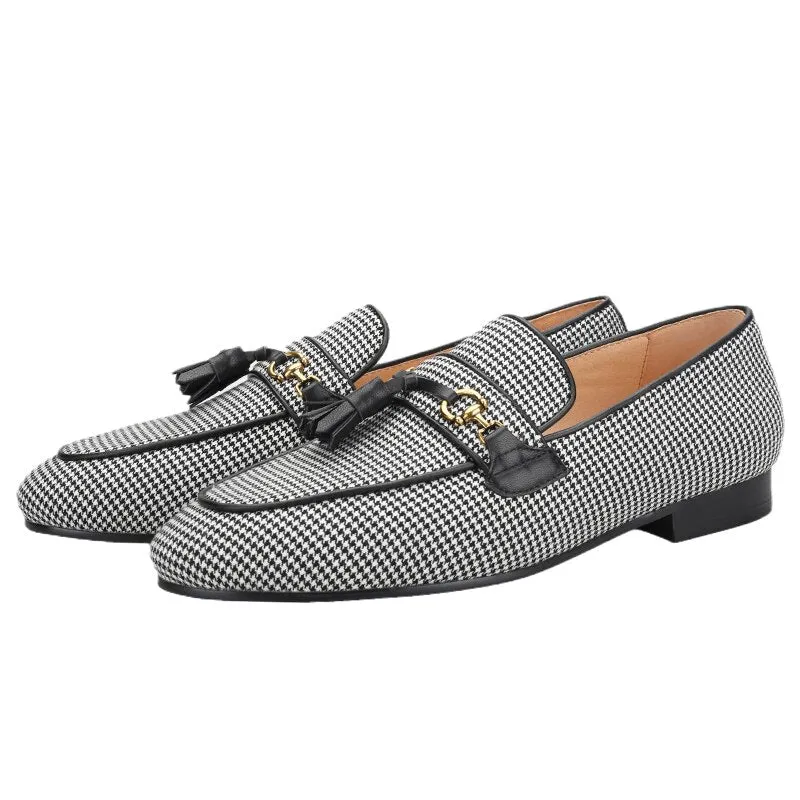 Russian Pointe Slippers Black And White Wool Houndstooth Slippers With Leather Tassels Moccasins