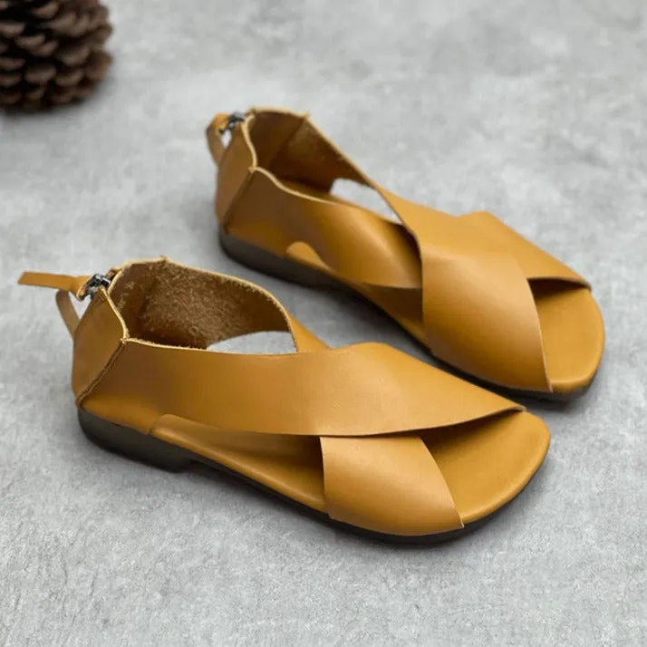 Comfortable Kitten Heel Sandals Summer Handmade Leather Cross-Strap Sandals for Women Shoes