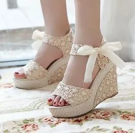 Fashion Women Sandals Summer Wedges Women's Sandals Platform Lace Belt Bow Flip Flops open toe high-heeled Women shoes Female Flip Flops In Spanish