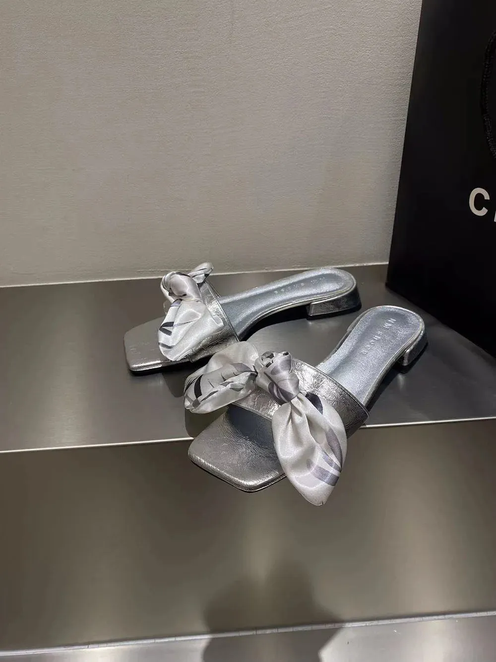 Fur Slippers binfenxie  -  Casual Women Slippers Summer Dress Shoes Bow Design Casual Slides Summer Outside Mules Black Silver Size 35-39 Party Slippers