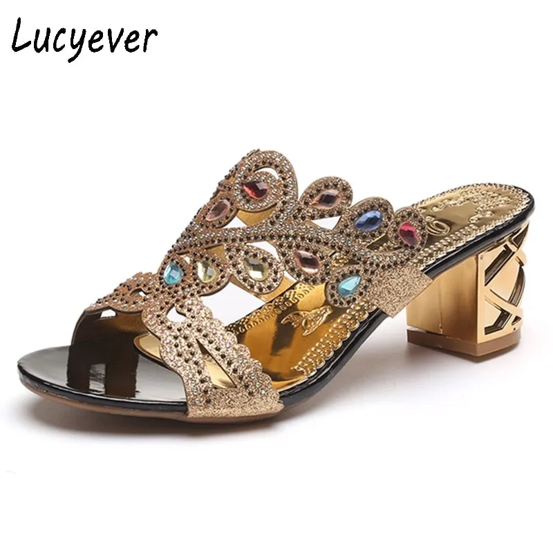 Lucyever 2018 Summer New Bohemian Women Sandals Crystal High Heel Sandalias Classic Rhinestone Women Party Shoes Flip Flops Plastic Flip Flops