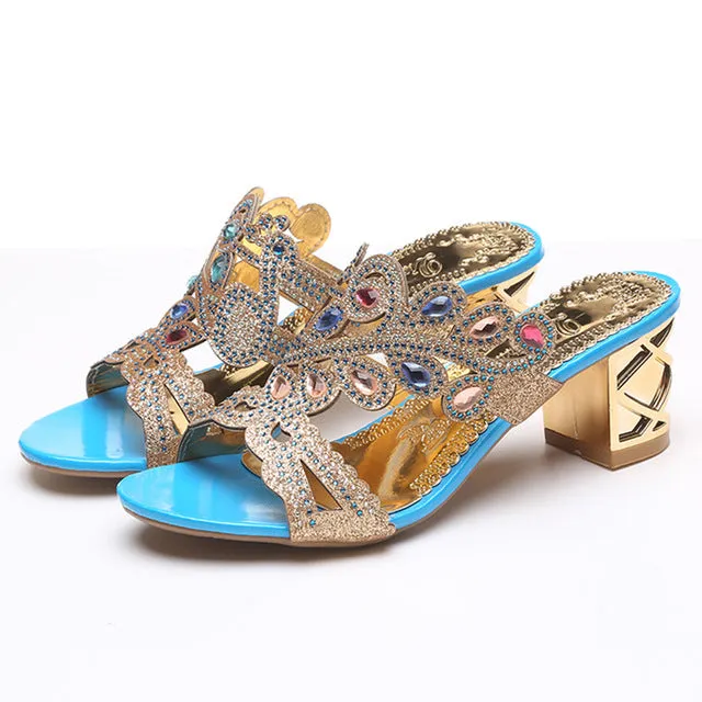 Lucyever 2018 Summer New Bohemian Women Sandals Crystal High Heel Sandalias Classic Rhinestone Women Party Shoes Flip Flops Ankle Strap For Flip Flops