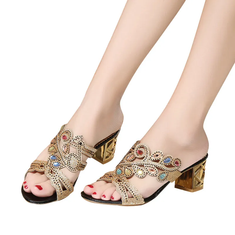 Lucyever 2018 Summer New Bohemian Women Sandals Crystal High Heel Sandalias Classic Rhinestone Women Party Shoes Flip Flops Heeled Flip-flops Trend