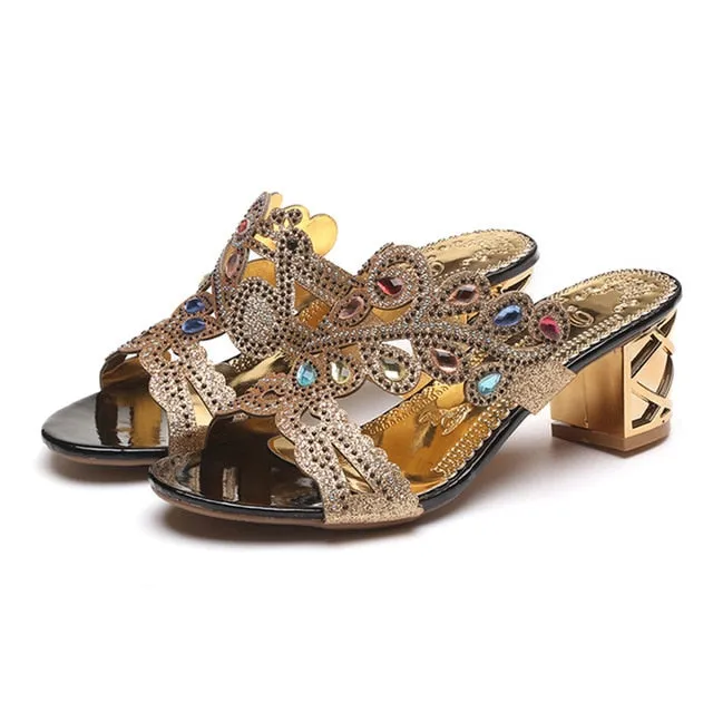 Lucyever 2018 Summer New Bohemian Women Sandals Crystal High Heel Sandalias Classic Rhinestone Women Party Shoes Flip Flops Flip Flops Pineapple