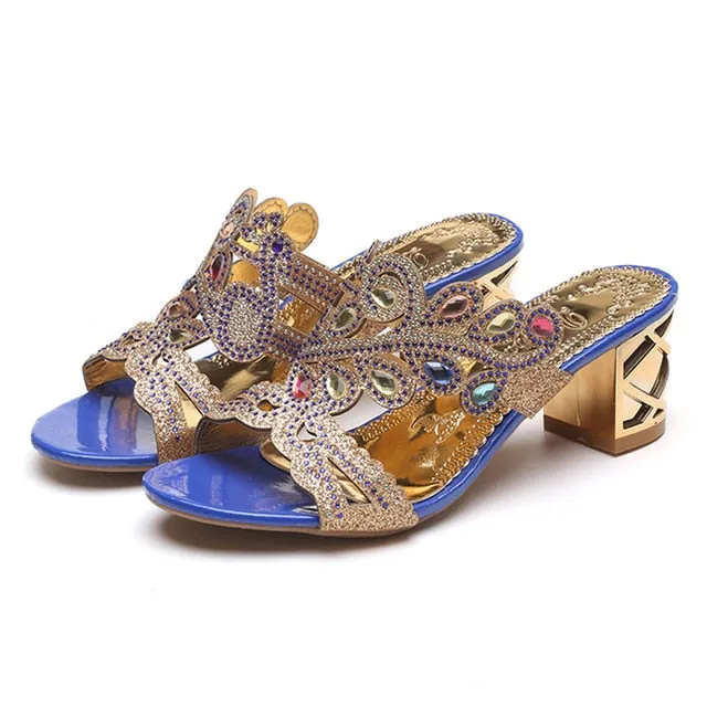 Lucyever 2018 Summer New Bohemian Women Sandals Crystal High Heel Sandalias Classic Rhinestone Women Party Shoes Flip Flops Coach Platform Flip Flops