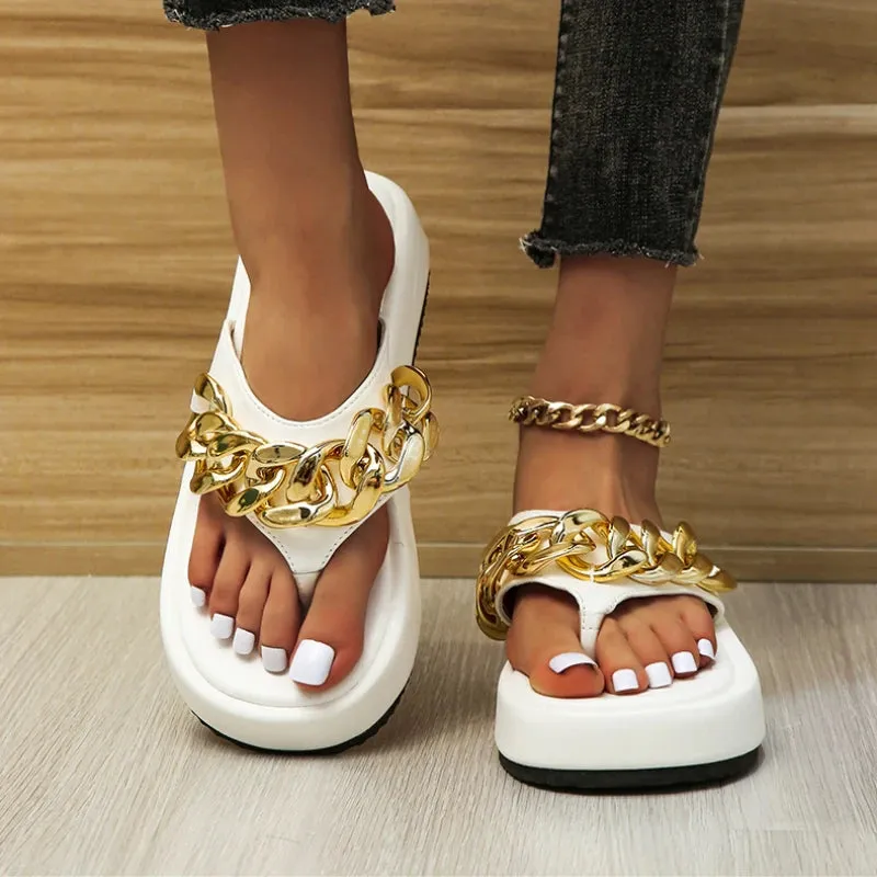 Amozae-Women Chain Flats Platform Slippers Summer Shoes Sandals New Casual Flip Flops Beach Shoes Slingbacks Slides Women Home Zapatos Raiders Flip Flops