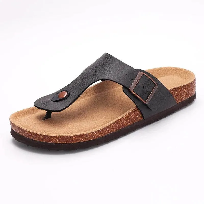 Maui Island Flip Flops Comwarm 2024 Women's Cork Flats Sandals Leather Cork Footbed Flip Flops For Women Open Toe Beach Slippers With Adjustable Buckle