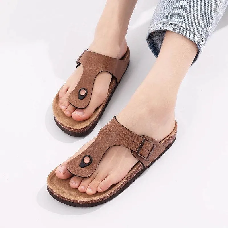 Fur Thong Flip Flops Comwarm 2024 Women's Cork Flats Sandals Leather Cork Footbed Flip Flops For Women Open Toe Beach Slippers With Adjustable Buckle