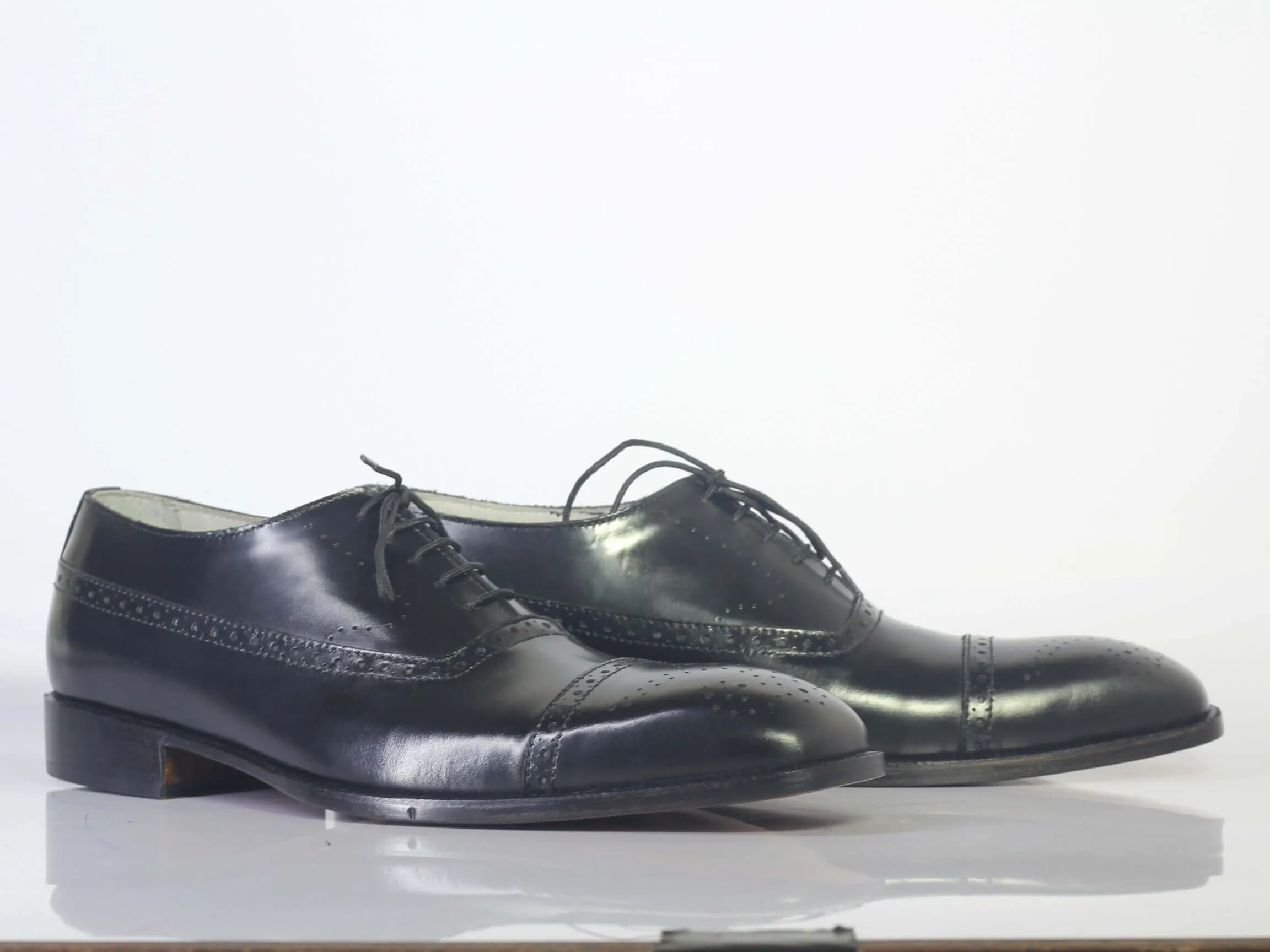 Ballet Flat Style Shoes Handmade Men Black Leather Cap Toe Brogue Shoes, Men Dress Formal Designer Shoes