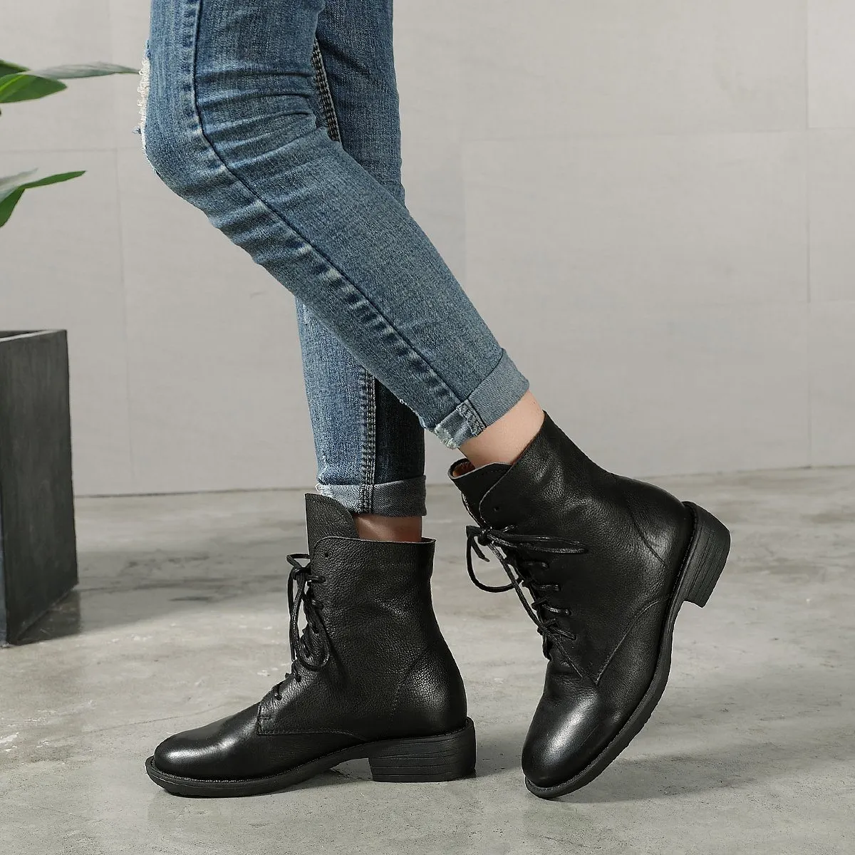 Eastland Sadie Oxfords Winter Boots Handmade Genuine Leather Lace-Up Combat Boots Retro Martin Boots Chunky Ankle Boots Black/Coffee