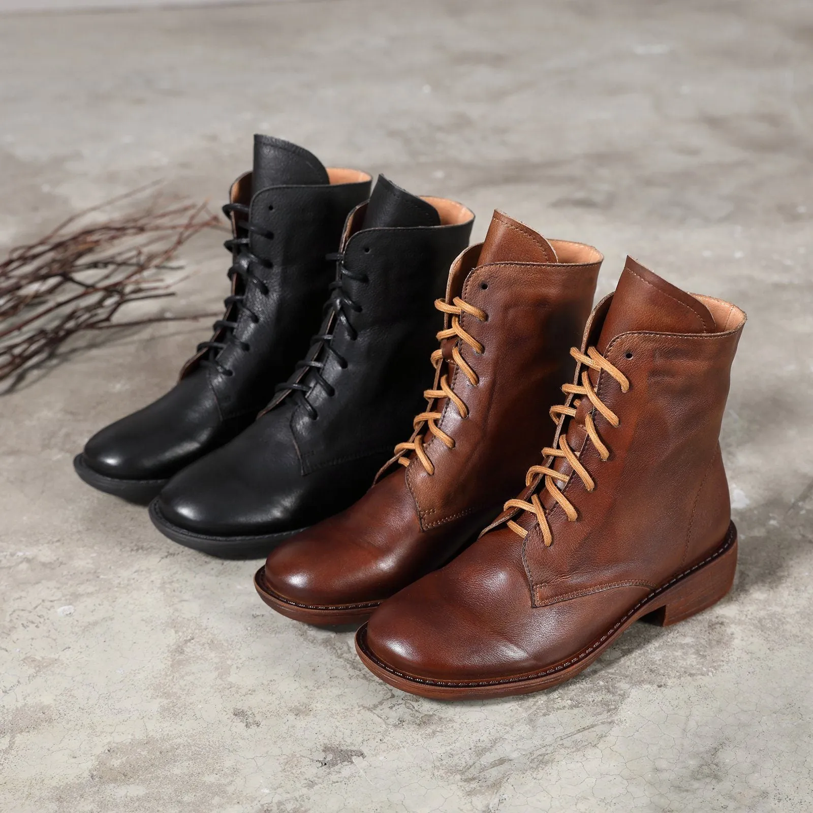 Winter Boots Handmade Genuine Leather Lace-Up Combat Boots Retro Martin Boots Chunky Ankle Boots Black/Coffee Rabbit Oxford