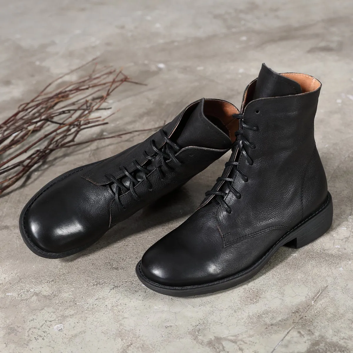 Modern Essentials Cap Toe Oxfords Winter Boots Handmade Genuine Leather Lace-Up Combat Boots Retro Martin Boots Chunky Ankle Boots Black/Coffee