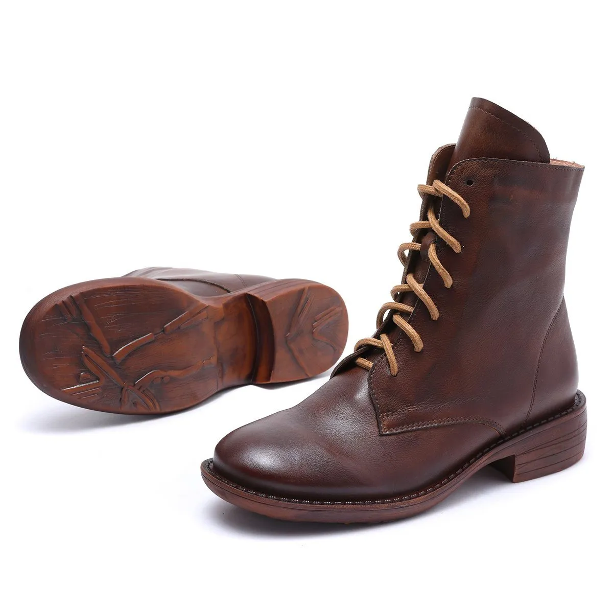 Winter Boots Handmade Genuine Leather Lace-Up Combat Boots Retro Martin Boots Chunky Ankle Boots Black/Coffee Oxford Heels Lace Up