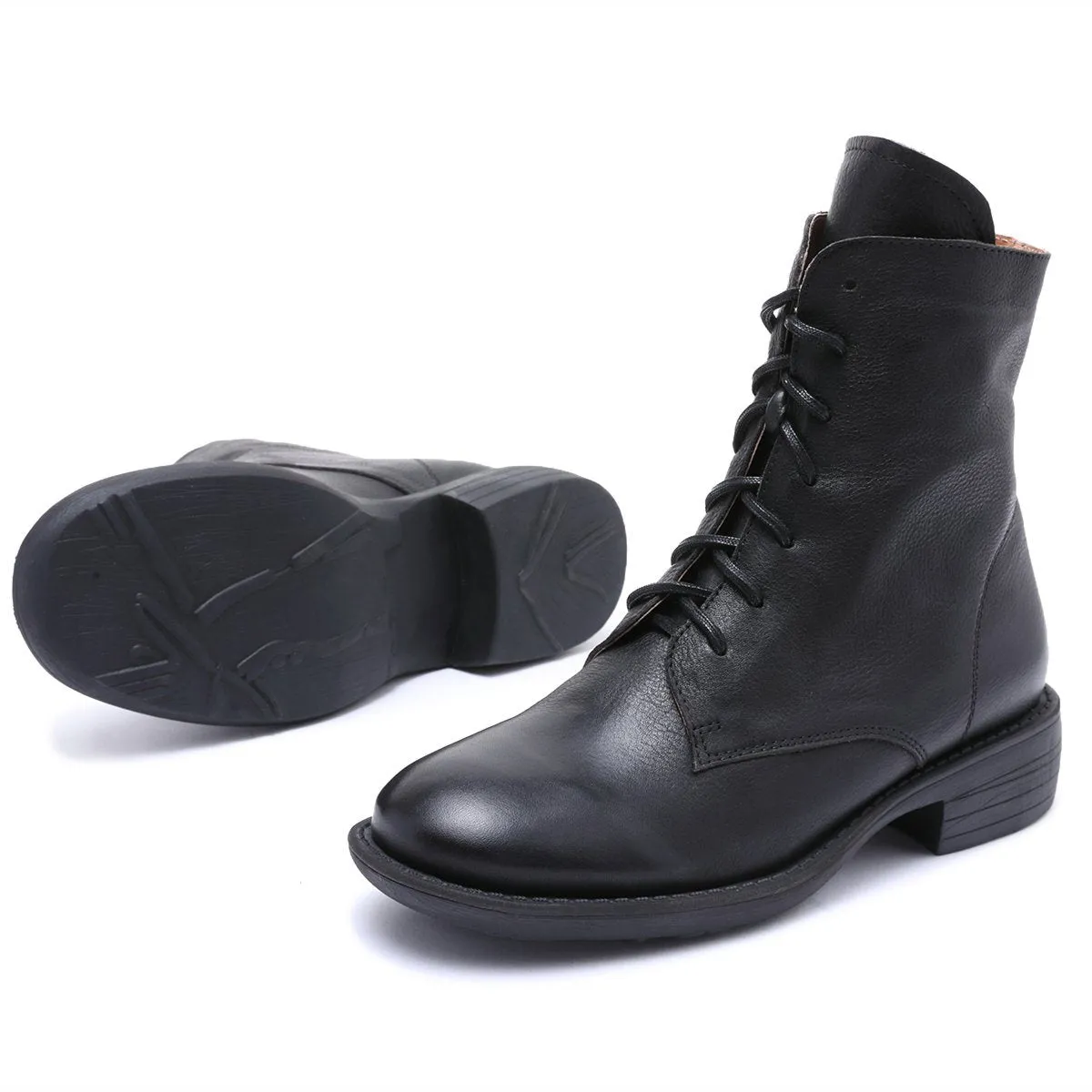 Winter Boots Handmade Genuine Leather Lace-Up Combat Boots Retro Martin Boots Chunky Ankle Boots Black/Coffee Bethan Oxfords