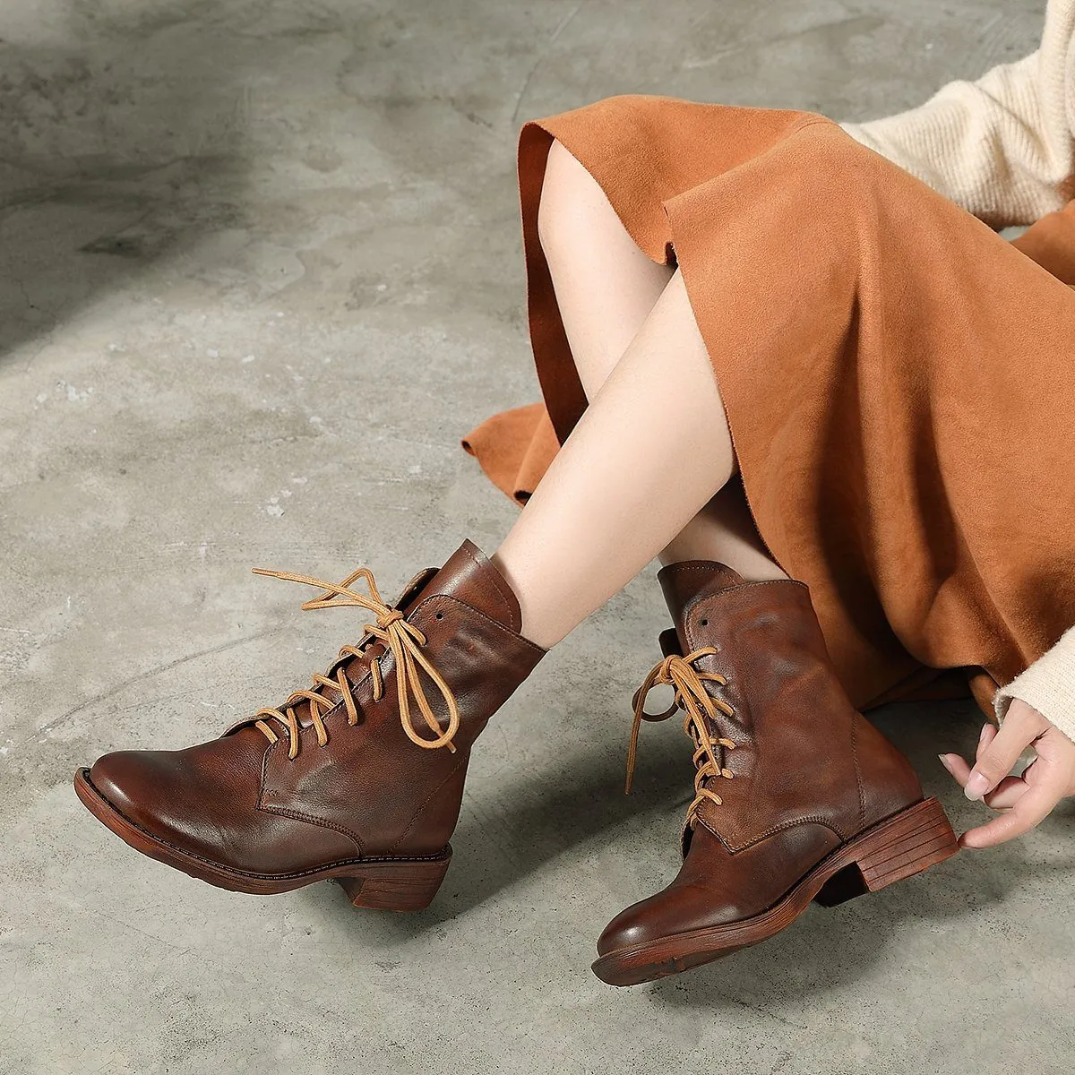 Winter Boots Handmade Genuine Leather Lace-Up Combat Boots Retro Martin Boots Chunky Ankle Boots Black/Coffee Maison Martin Margiela Oxfords