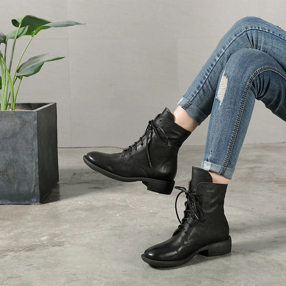 Flat Sole Oxfords Winter Boots Handmade Genuine Leather Lace-Up Combat Boots Retro Martin Boots Chunky Ankle Boots Black/Coffee