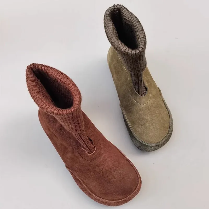 Oxford Shoes Lace Up Zero Drop Soft Leather Barefoot Ankle Boots with Elastic Sock Tube in Coffee/Green