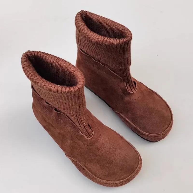 Oxfords Pumps Zero Drop Soft Leather Barefoot Ankle Boots with Elastic Sock Tube in Coffee/Green