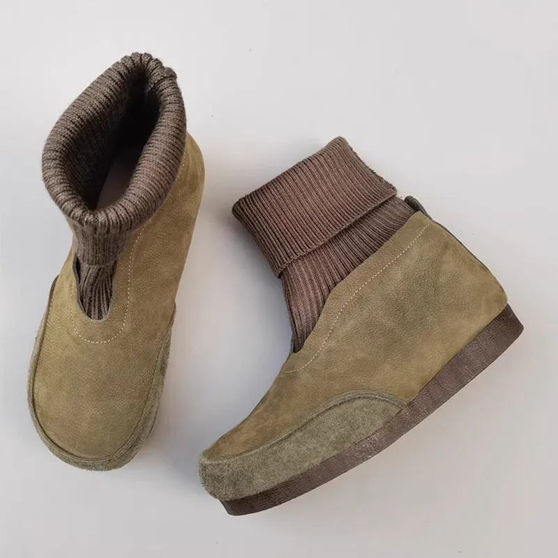 Zero Drop Soft Leather Barefoot Ankle Boots with Elastic Sock Tube in Coffee/Green Business Oxford