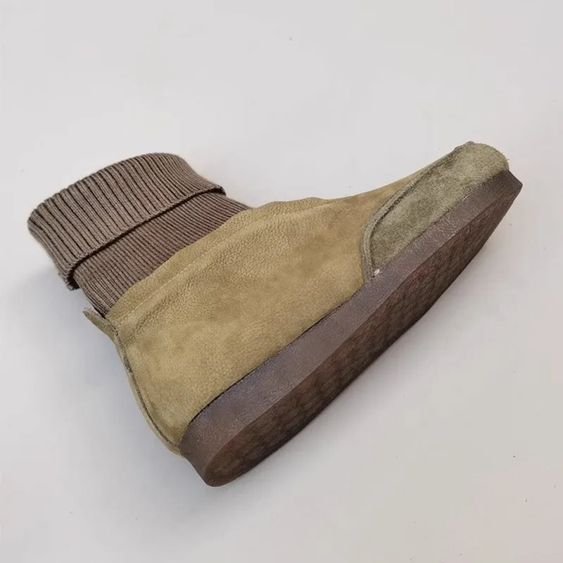 Leather Closed Laced Oxfords Zero Drop Soft Leather Barefoot Ankle Boots with Elastic Sock Tube in Coffee/Green