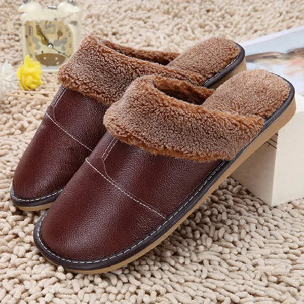 Fayuekey New Fashion Winter Leather Home Slippers Men Indoor\ Floor Outdoor Slippers Warm Cotton Plu Peppa Slippers